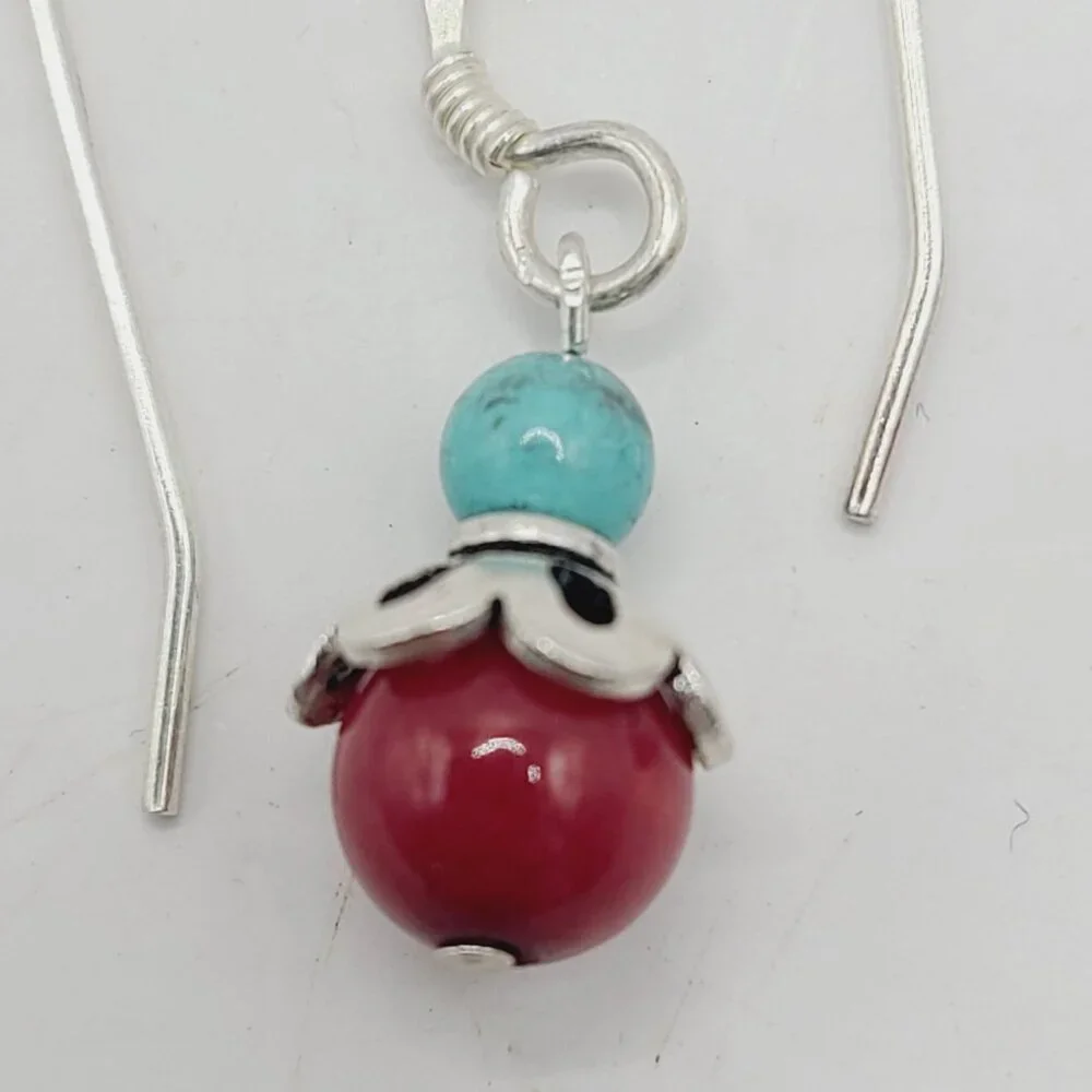 Vtg Southwestern Sterling Silver Turquoise & Coral Earrings 925 Hook Earrings - Picture 4 of 7